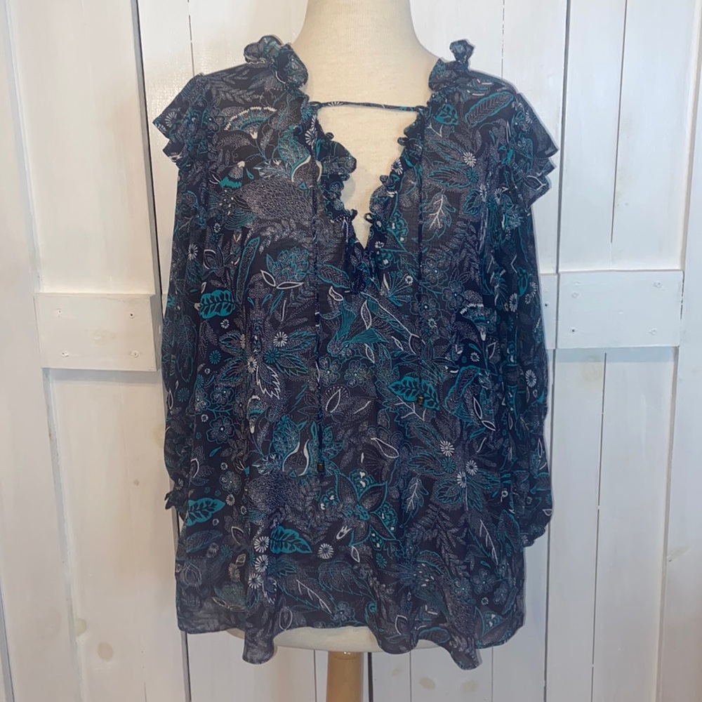By Anthropologie Haida Blue Floral Sheer Blouse - Picture 2 of 7